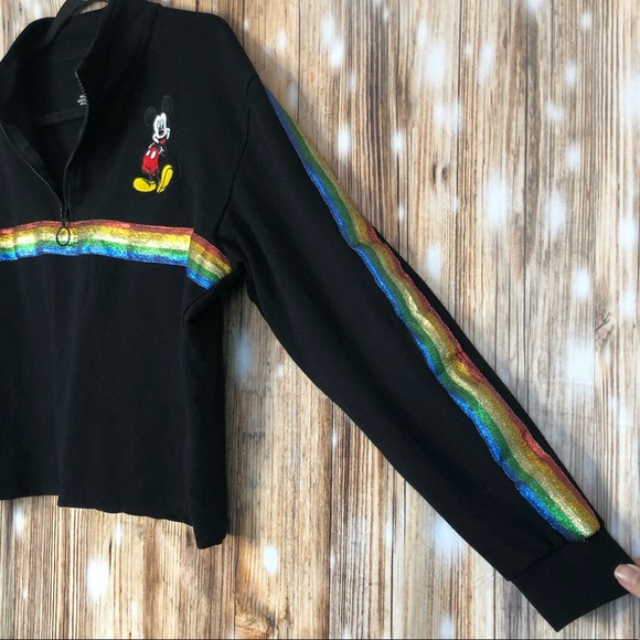 Disney Mickey Mouse Quarter Zip Rainbow Retro Cropped Long Sleeve Sweatshirt - Picture 3 of 6